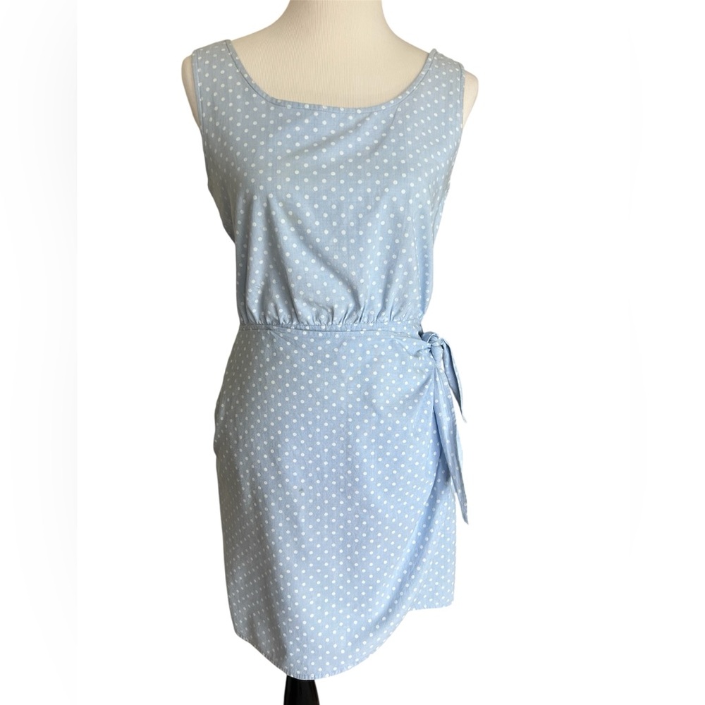 Vintage 100% Cotton Blue Polka Dot Wrap Skirt Dress | Sleeveless 9/10